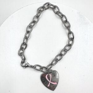 Unbranded Charm Bracelet Y2K Women 7in Silver Excellent Pink Ribbon Heart Charm